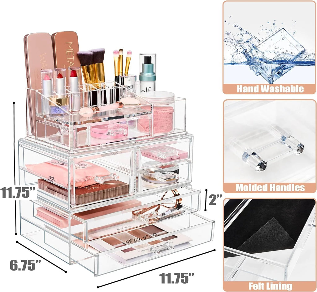 3 Piece Acrylic Makeup Organizer Set - Vanity Countertop Cosmetics and Jewelry Storage Case Display with 5 Easy Glide Drawers 16 Slot Top Tray