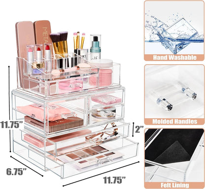3 Piece Acrylic Makeup Organizer Set - Vanity Countertop Cosmetics and Jewelry Storage Case Display with 5 Easy Glide Drawers 16 Slot Top Tray