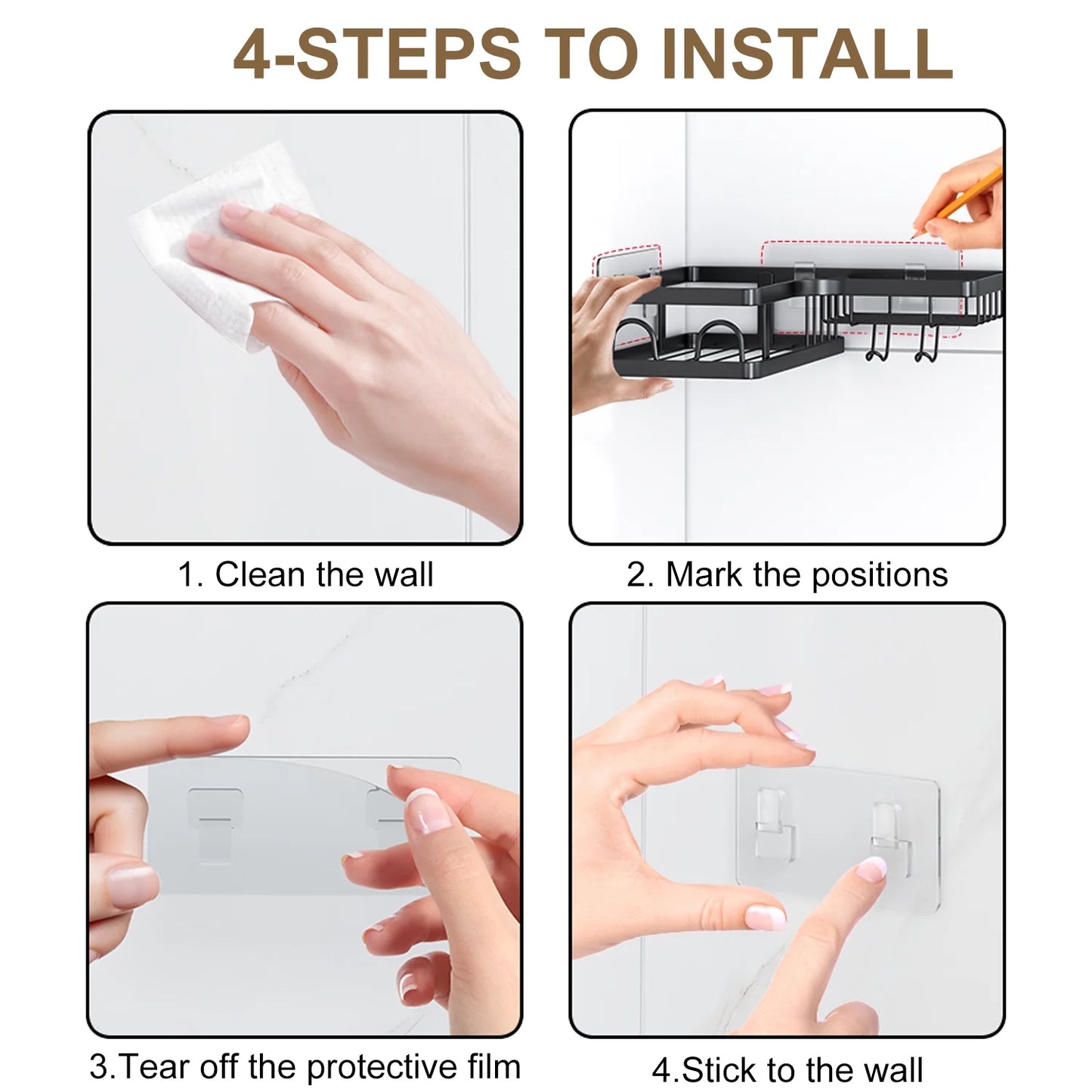 5 PCS Corner Shower Caddy, No Drilling Stainless Steel Shower Storage Rack with Hooks & Toothpaste Holder for Bathroom, Black