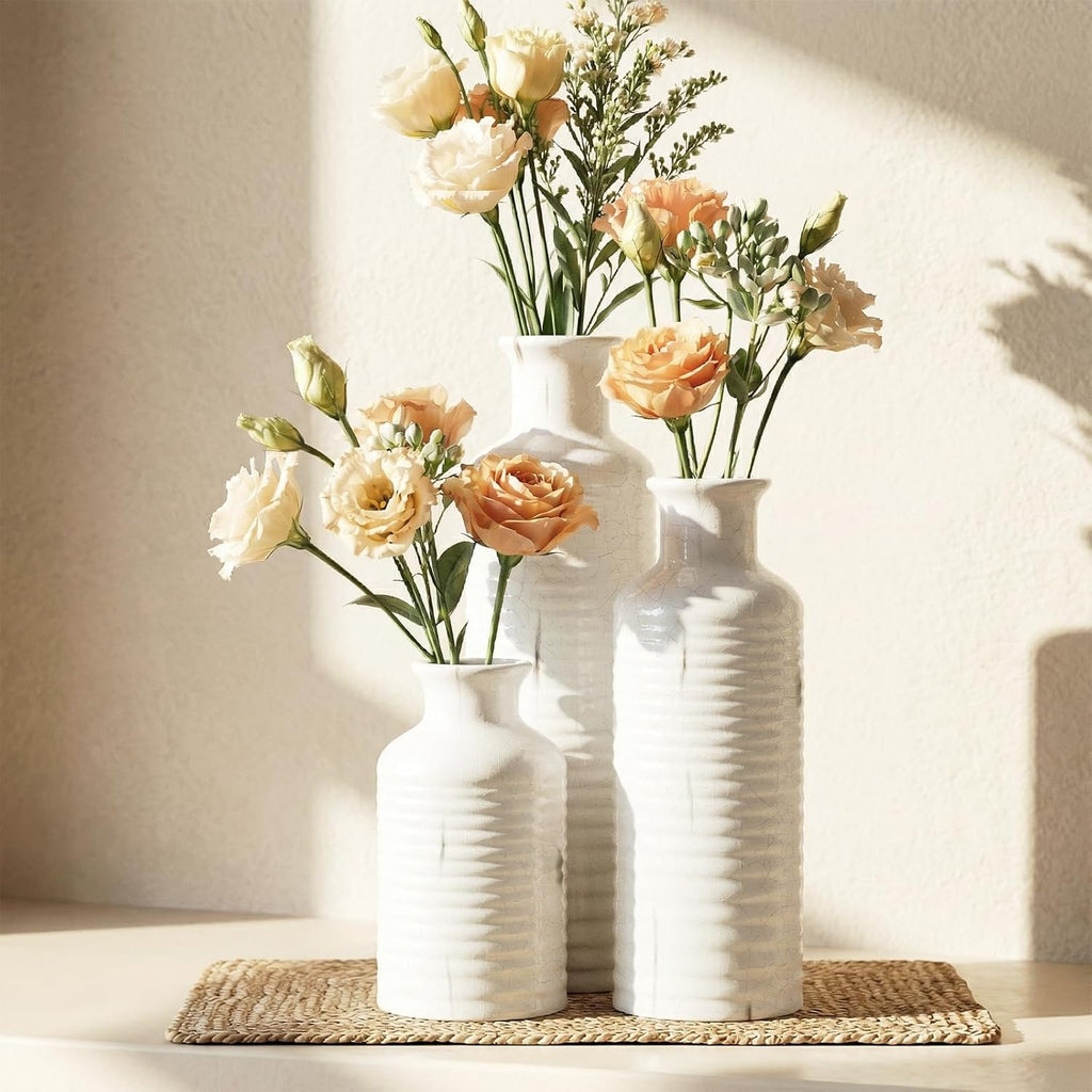 Firehold Ceramic Vase Set of 3, Rustic Home Decor Vases for Modern Farmhouse, White Boho Flower Vases for Shelf, Mantel, Table Decor, Small Decorative Vase for Dried Flowers & Pampas Grass
