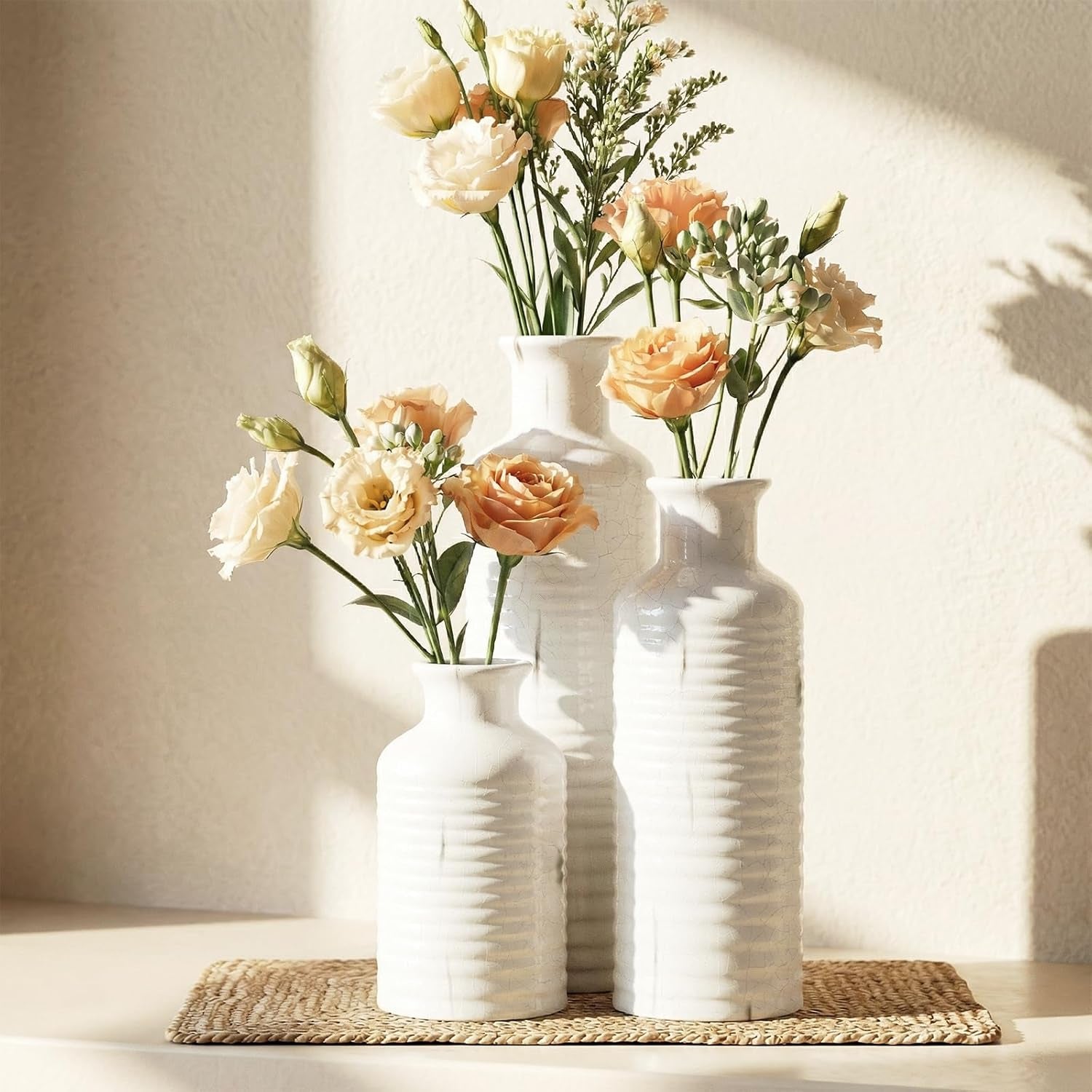 Firehold Ceramic Vase Set of 3, Rustic Home Decor Vases for Modern Farmhouse, White Boho Flower Vases for Shelf, Mantel, Table Decor, Small Decorative Vase for Dried Flowers & Pampas Grass