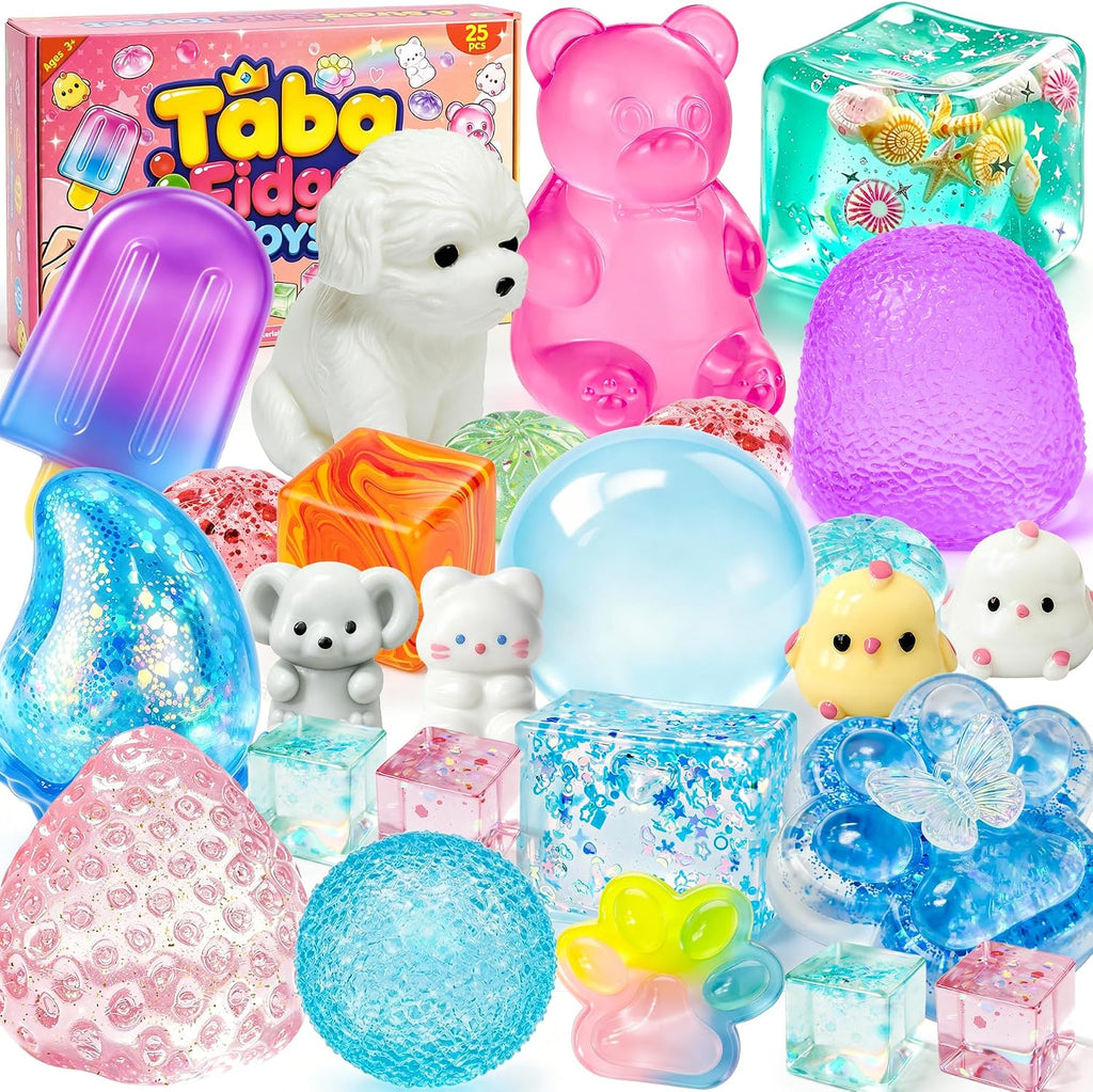25-piece Taba squishies kit with assorted cute squeeze toys in a colorful box set