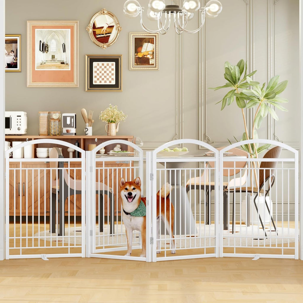Folding Metal Dog Gate with Door, Freestanding Pet Fence