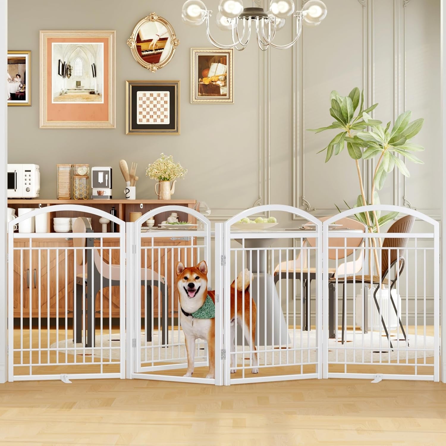 Folding Metal Dog Gate with Door, Freestanding Pet Fence