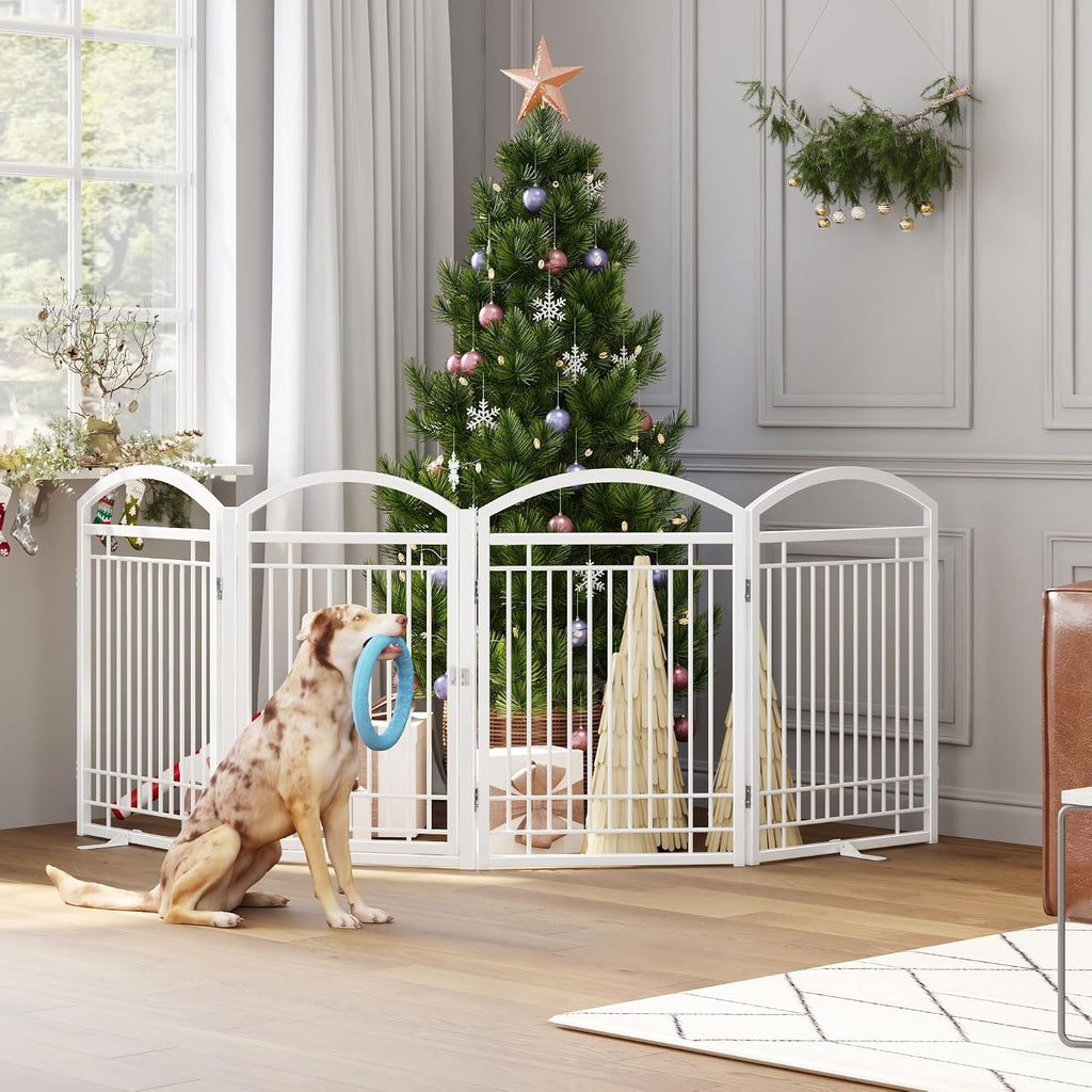 Folding Metal Dog Gate with Door, Freestanding Pet Fence