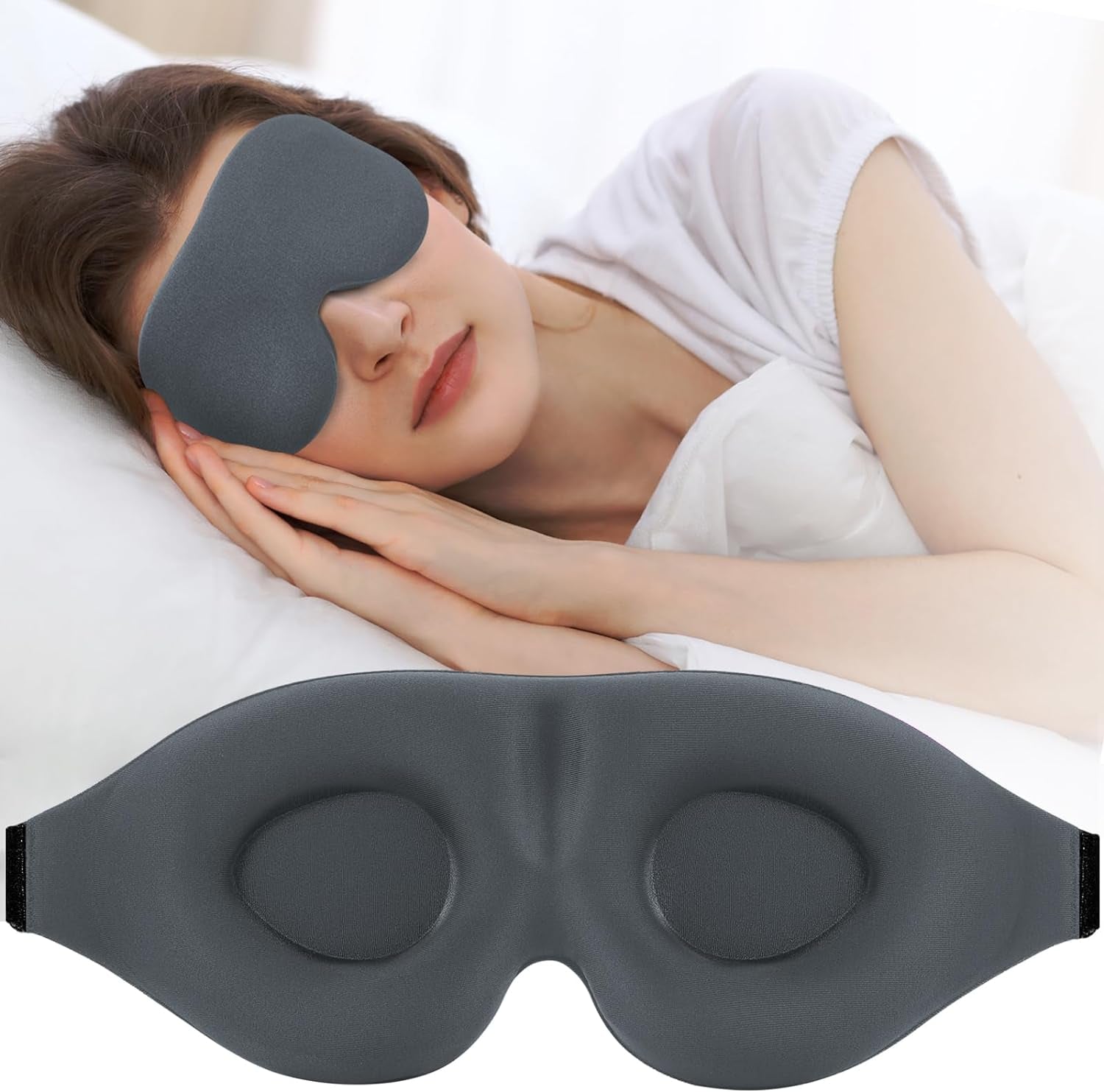 3D Contoured Sleep Mask for Side Sleepers – Light-Blocking Eye Mask with Adjustable Strap for Travel, Nap & Night Sleep (Black)