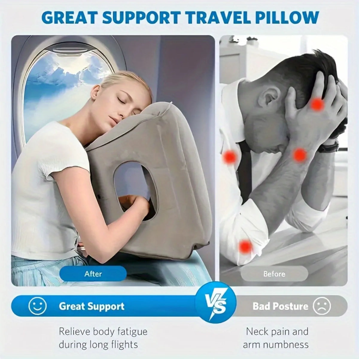 Inflatable pillow for neck and shoulder support while traveling