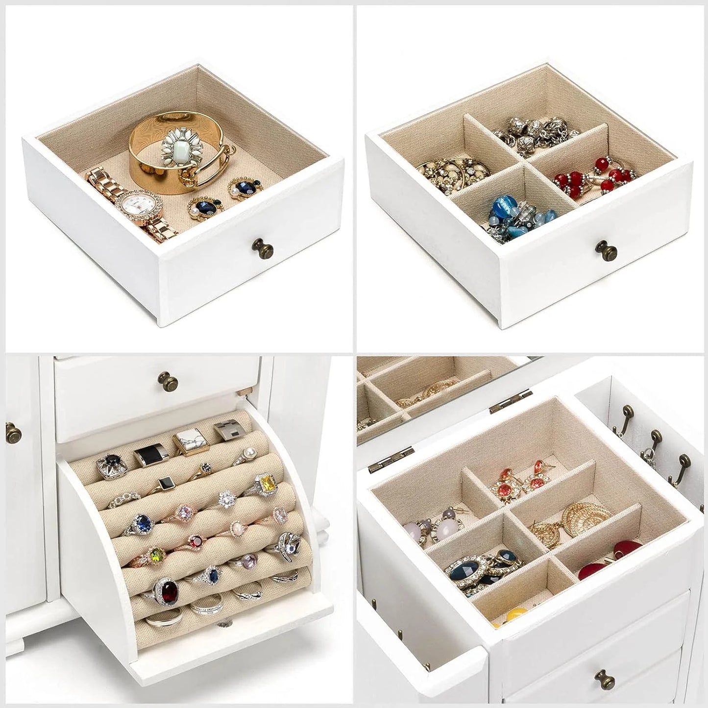Rustic Wooden Jewelry Box for Women, 4-Layer Organizer with Mirror for Rings, Earrings, Necklaces & Bracelets, White