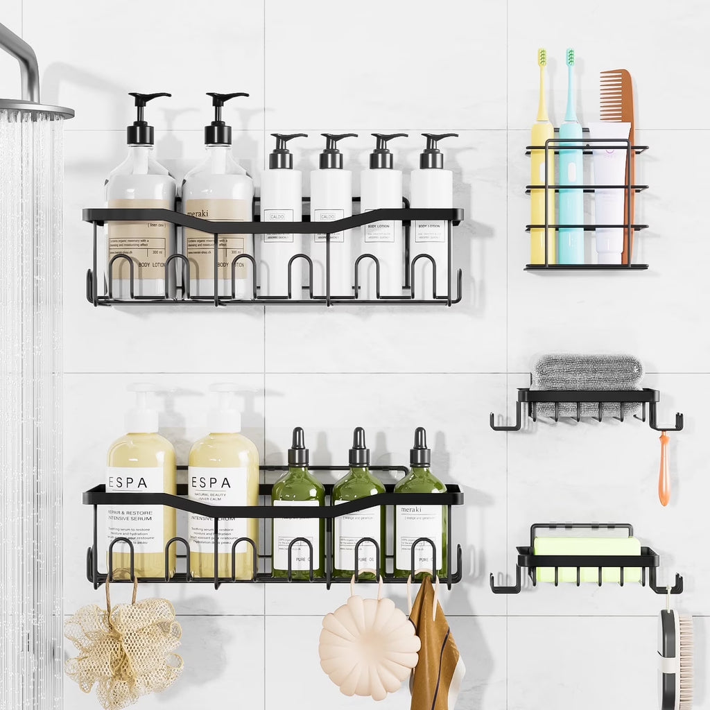 Shower Caddy, 5-Pack Adhesive Shower Shelves with 28 Hooks, 2 Soap Dishes & Tootbrush Shelf, Rustproof Stainless Steel Bath Organizers W/ Large Capacity, No Drilling Shelves for Bathroom Storage