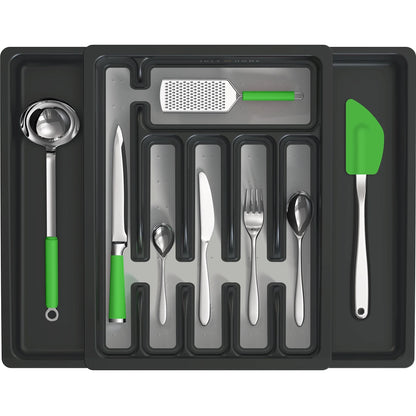 Expandable Plastic Kitchen Drawer Organizer for Silverware & Utensils, Cutlery Tray with Grooved Dividers