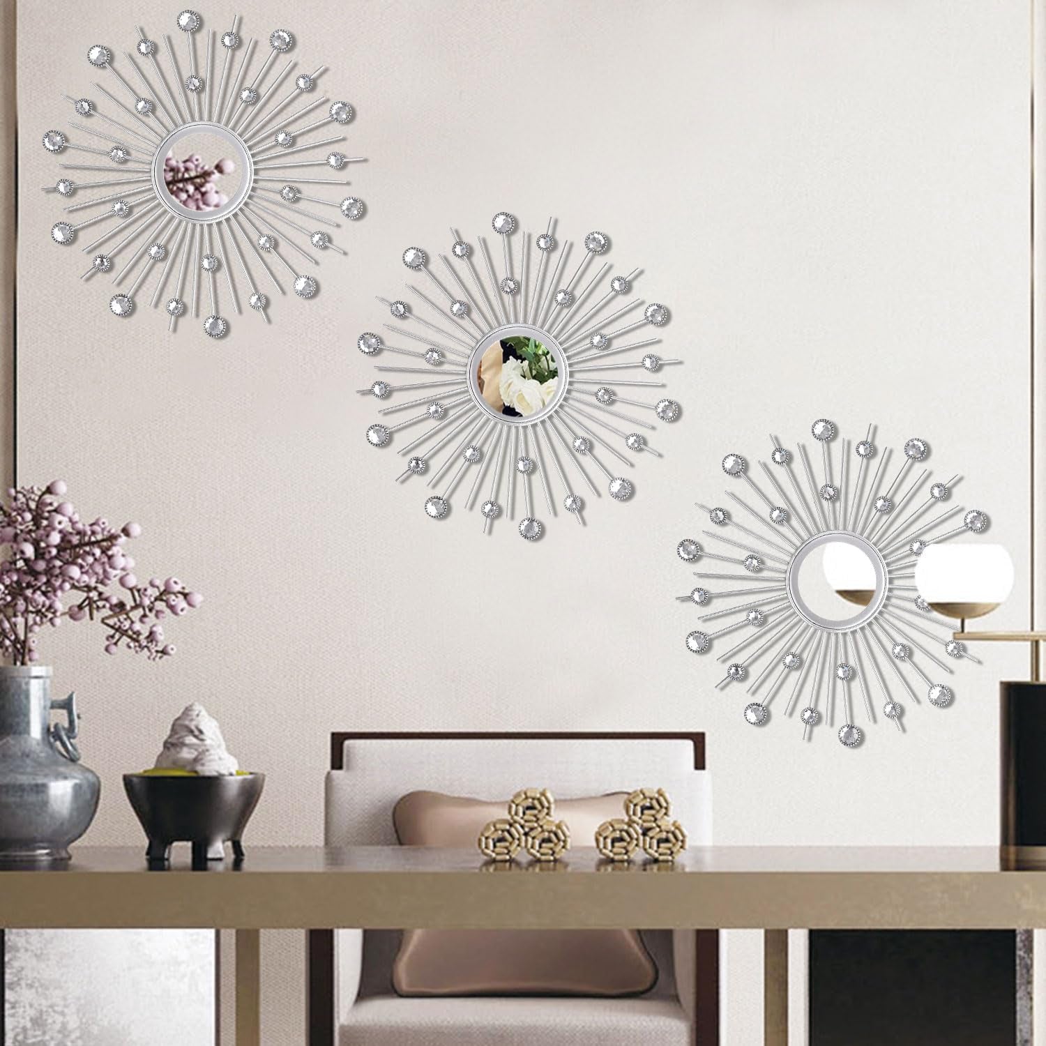 3-Pack Crystal Sunburst Wall Mirrors with Rhinestones, Silver Decorative Home Wall Art for Living Room, Bedroom & Entryway