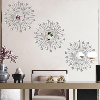 3-Pack Crystal Sunburst Wall Mirrors with Rhinestones, Silver Decorative Home Wall Art for Living Room, Bedroom & Entryway