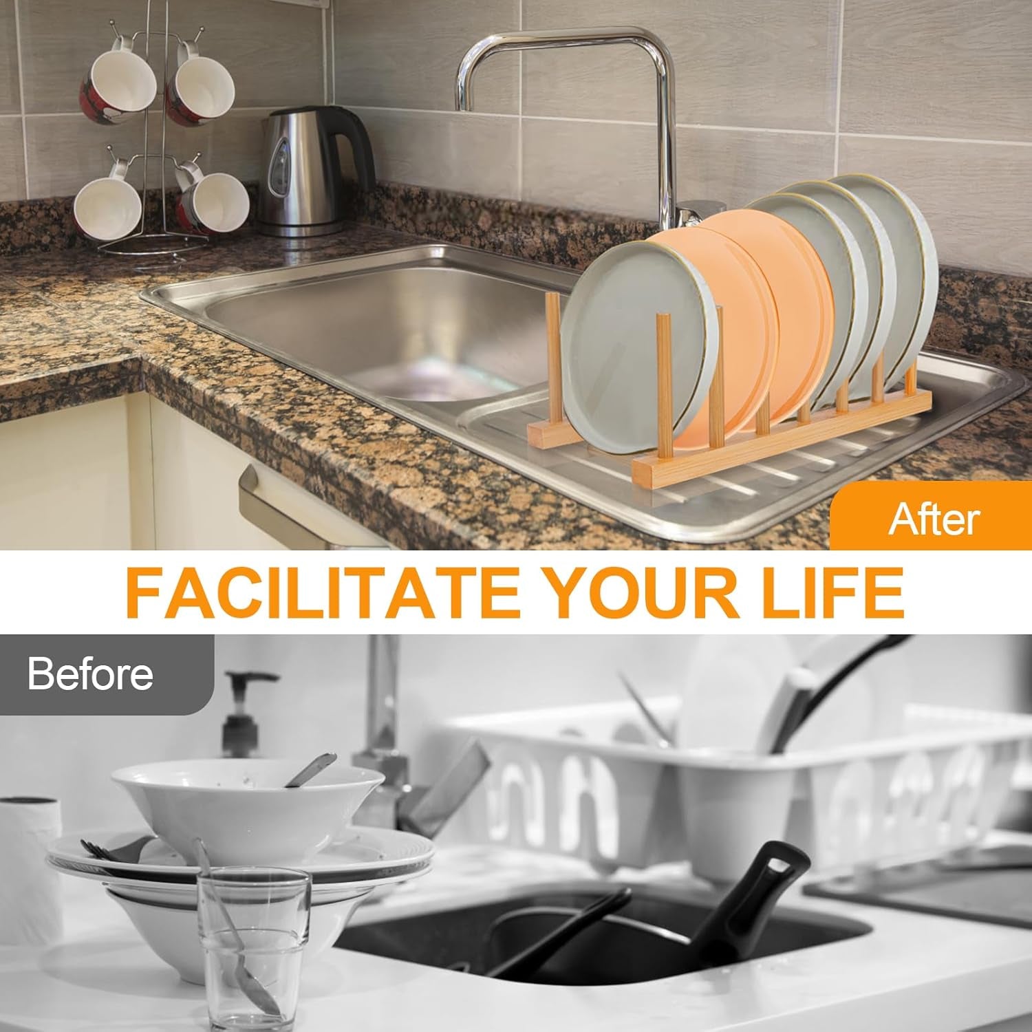 2-Pack Bamboo Wooden Dish Racks, Vertical Plate & Pot Holders for Kitchen Cabinet, Bowls, Cups, Lids, Cutting Boards & Books