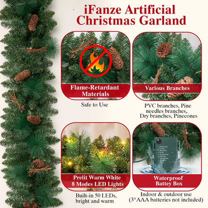 9Ft Pre-Lit Christmas Garland, Green Xmas Garland with Battery Operated LED Lights, Pine Needles Branches Pine Cones Artificial Christmas Decoration Indoor Home Fireplace Front Door