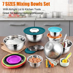 35-Piece Stainless Steel Nesting Mixing Bowl Set with Lids, 7 Sizes with 3 Graters & Kitchen Utensils for Mixing, Serving & Grating, Multi-Color
