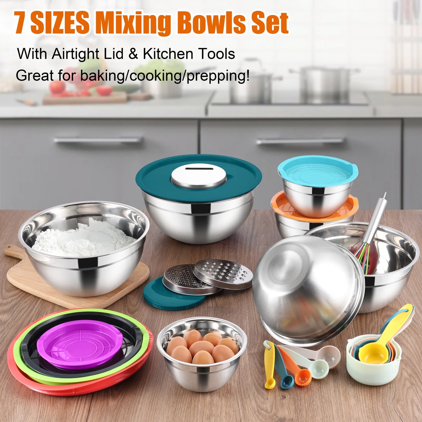 35-Piece Stainless Steel Nesting Mixing Bowl Set with Lids, 7 Sizes with 3 Graters & Kitchen Utensils for Mixing, Serving & Grating, Multi-Color
