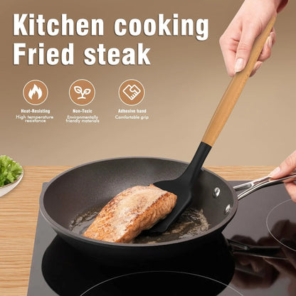 Silicone Cooking Utensil Set with Wooden Handles, Heat Resistant up to 446°F, BPA-Free Kitchen Tools with Holder for Non-Stick Cookware (Black)