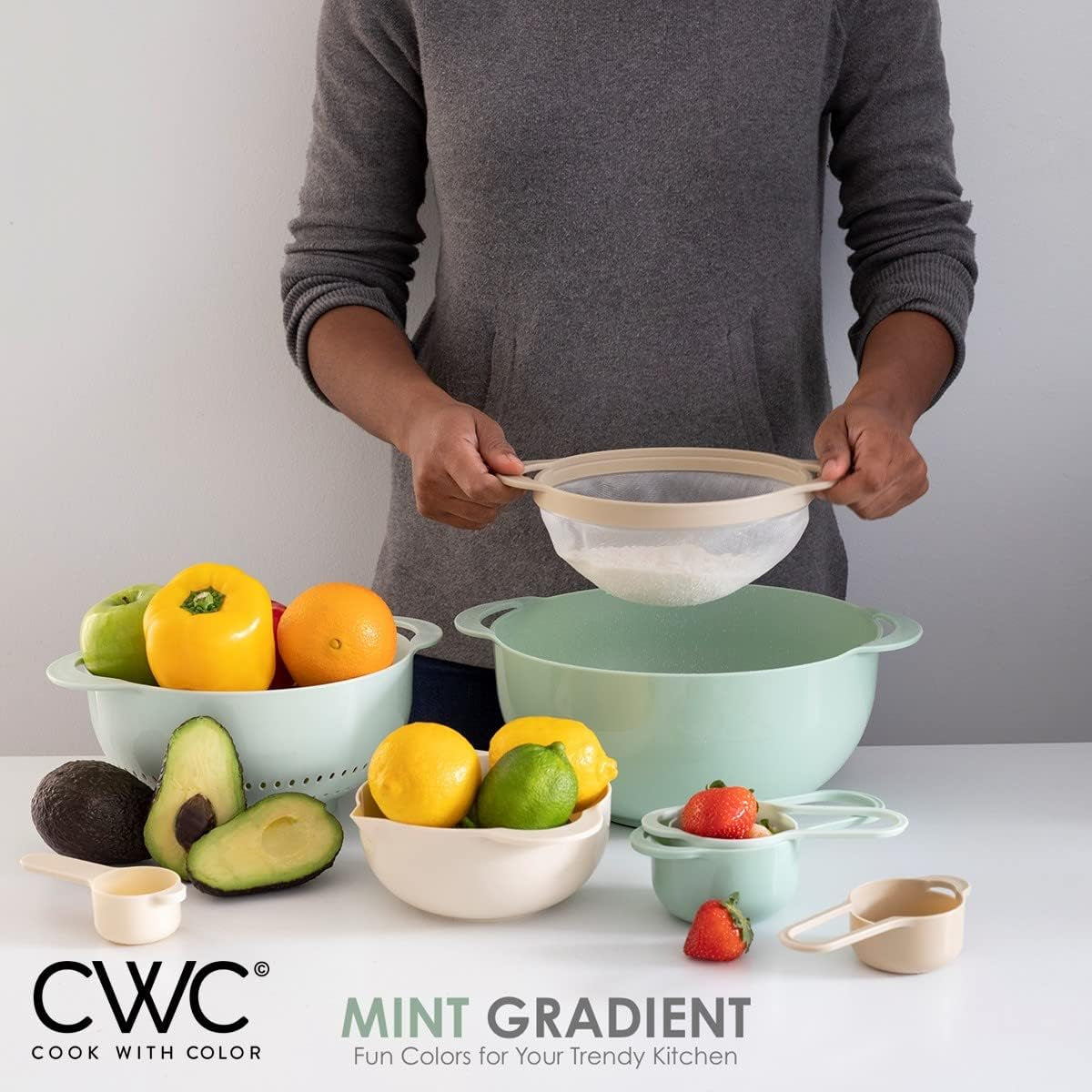  Bowls with Measuring Cups Colander and Sifter Set - Includes Mixing Bowls, Colander, Sifter and Measuring Cups, Mint, 8 Pc Bowl