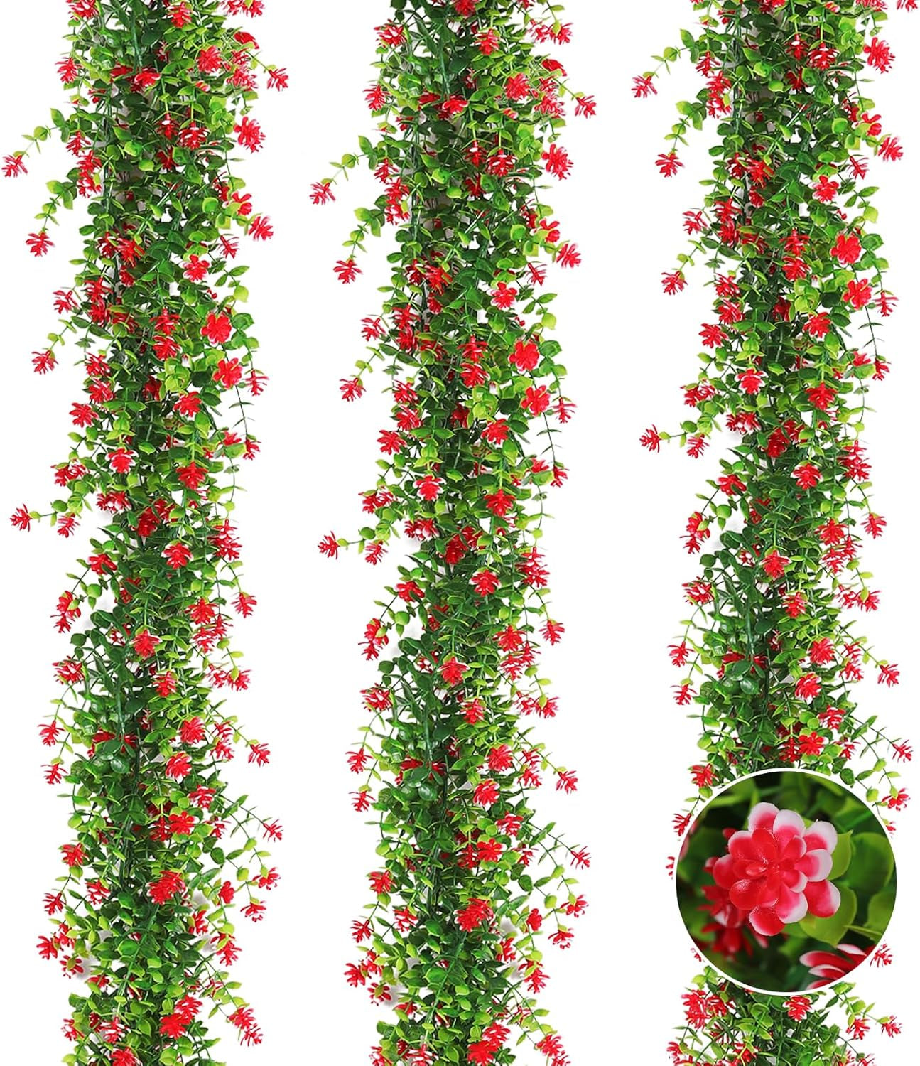 3-Pack Black Artificial Eucalyptus Garland with Flowers, Halloween & Fall Party Decor, Fake Floral Greenery for Wall Backdrop
