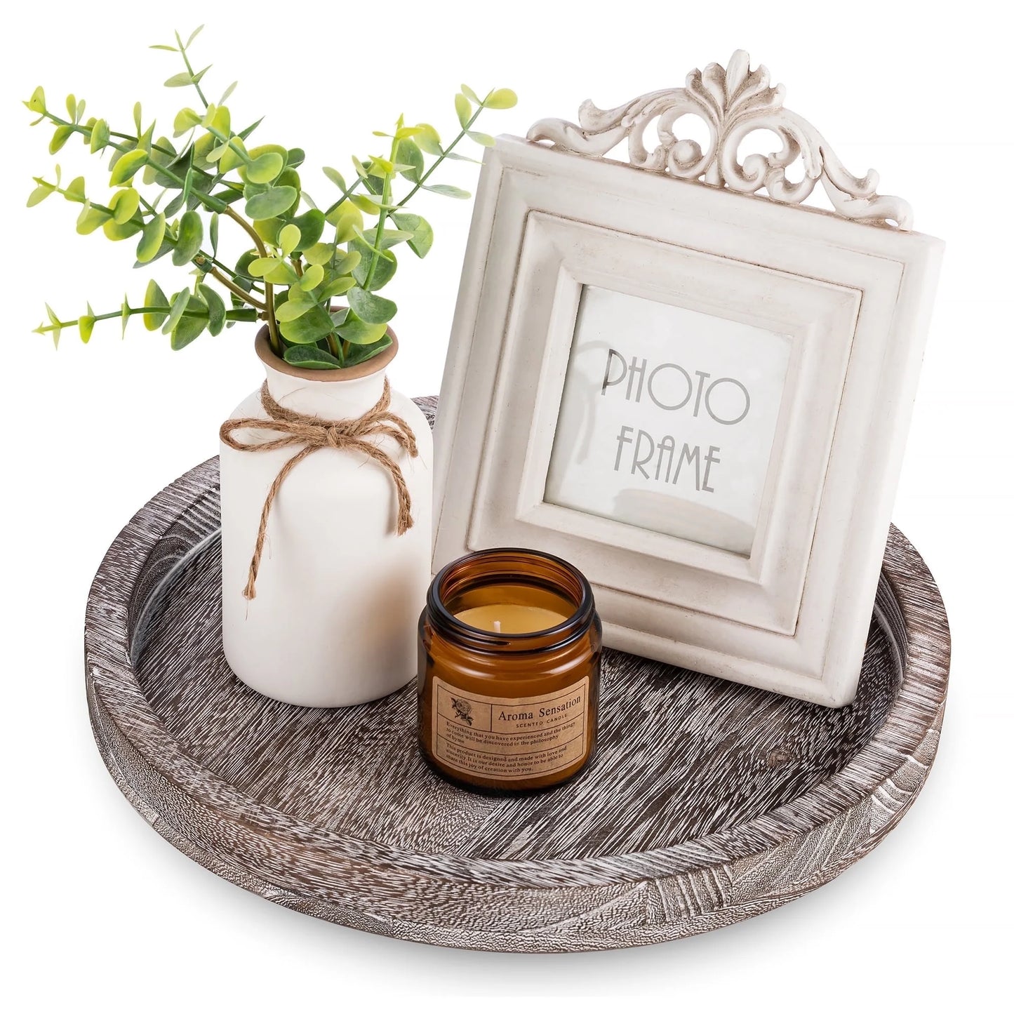 round Wooden Candle Tray: Rustic Decorative Coffee Table Tray ,11.8"