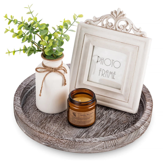 round Wooden Candle Tray: Rustic Decorative Coffee Table Tray ,11.8"