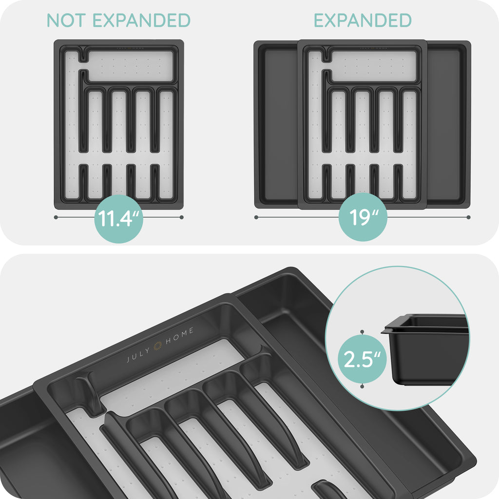 Expandable Plastic Kitchen Drawer Organizer for Silverware & Utensils, Cutlery Tray with Grooved Dividers