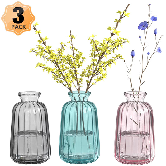 Colorful Glass Bud Vases Set, 3 Pack Small Ribbed Vase, Vintage Vases for Table Decorations, Wedding, Party, Receptions, Home Decor