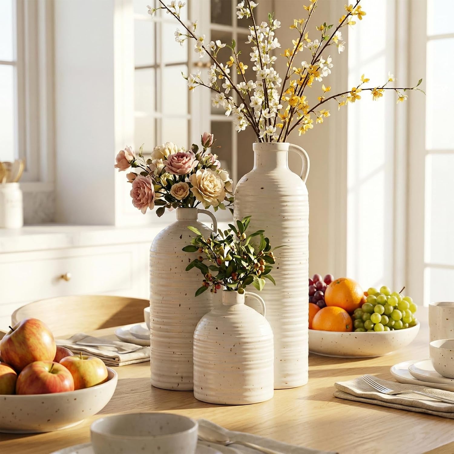 Firehold Ceramic Vase Set of 3, Rustic Home Decor Vases for Modern Farmhouse, White Boho Flower Vases for Shelf, Mantel, Table Decor, Small Decorative Vase for Dried Flowers & Pampas Grass