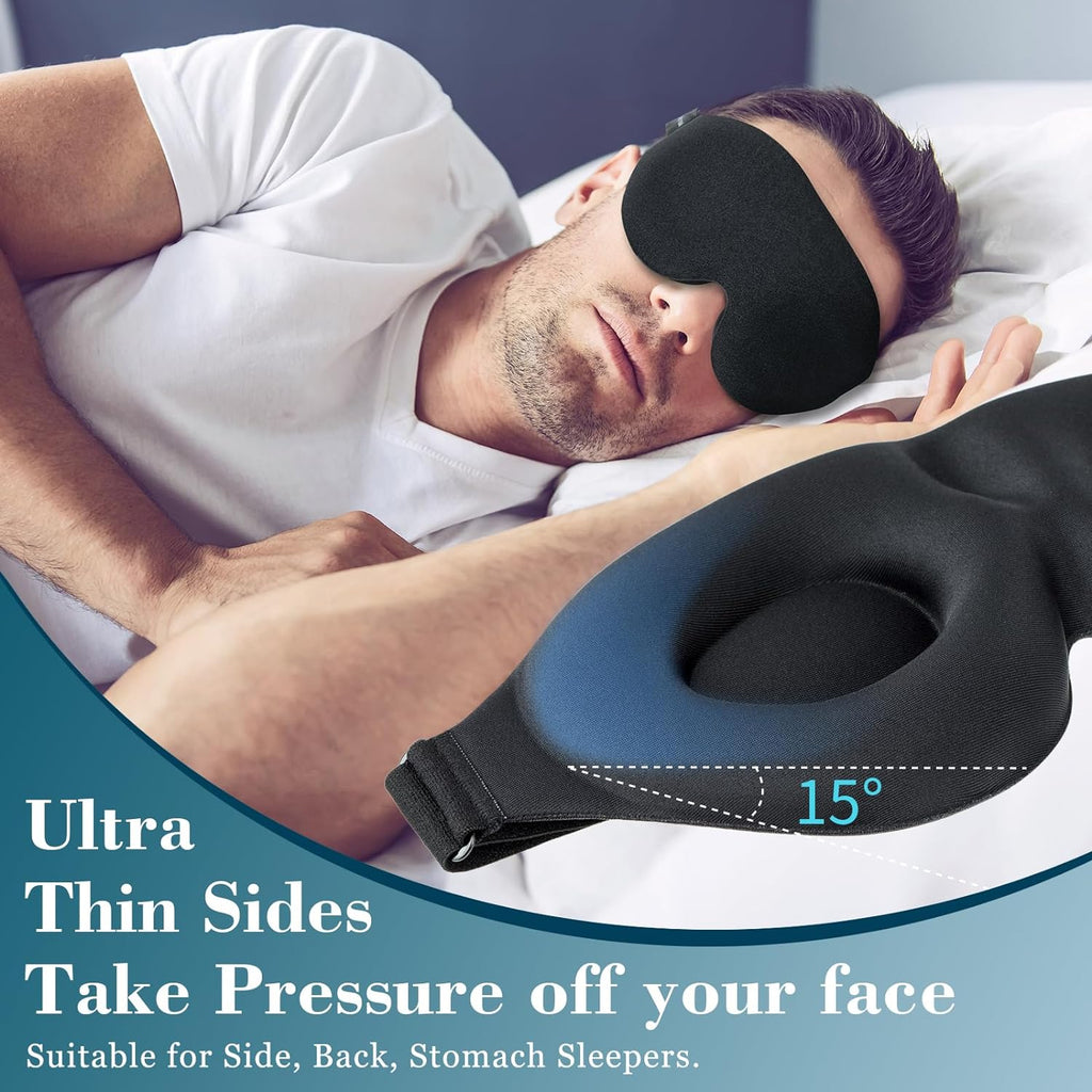 3D Contoured Sleep Mask for Side Sleepers – Light-Blocking Eye Mask with Adjustable Strap for Travel, Nap & Night Sleep (Black)
