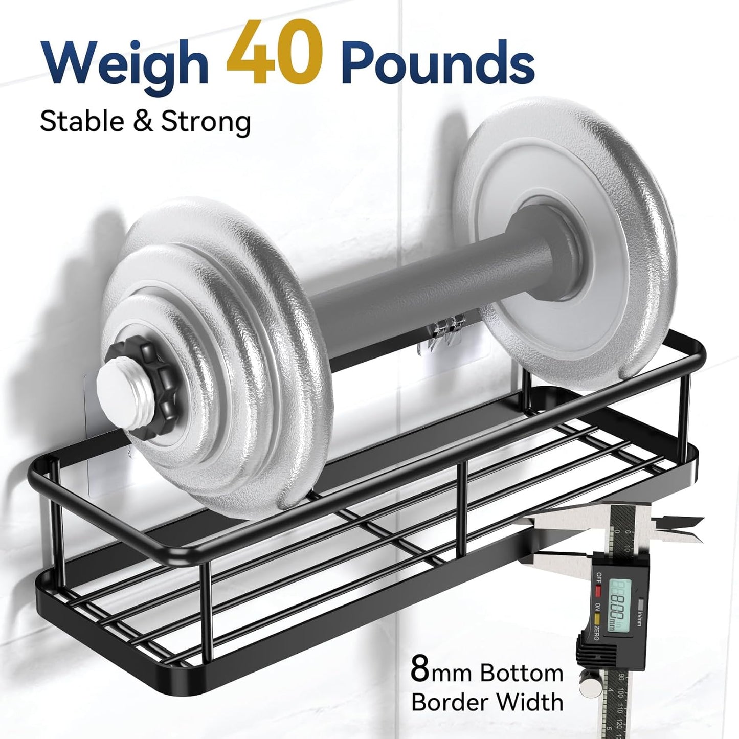 Adhesive Rustproof Shower Caddy with Removable Hooks, Large Capacity Bathroom Organizer, No-Drill Storage Shelf, Black