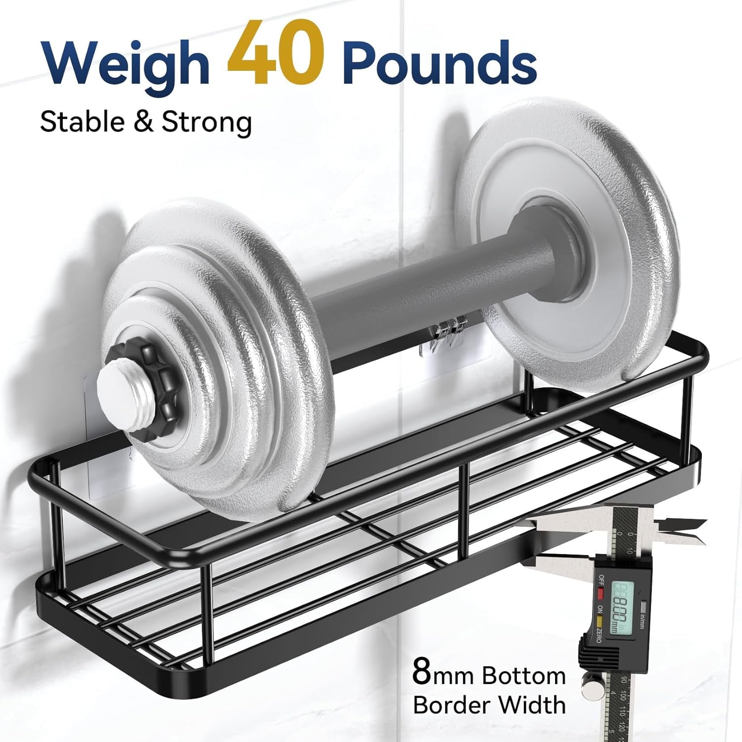 Adhesive Rustproof Shower Caddy with Removable Hooks, Large Capacity Bathroom Organizer, No-Drill Storage Shelf, Black