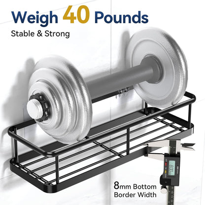 Adhesive Rustproof Shower Caddy with Removable Hooks, Large Capacity Bathroom Organizer, No-Drill Storage Shelf, Black