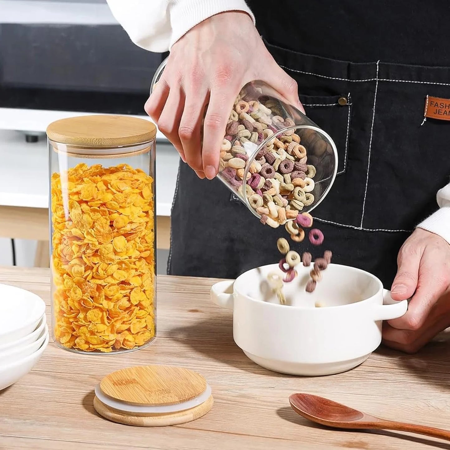 Glass Jar with Bamboo Lid: 6 Pack 25Oz Airtight Food Storage Containers, Kitchen and Pantry Organizer for Coffee, Sugar, Flour, Candy, Pasta, Cereal, Tea, Nuts, Cookie, Spice