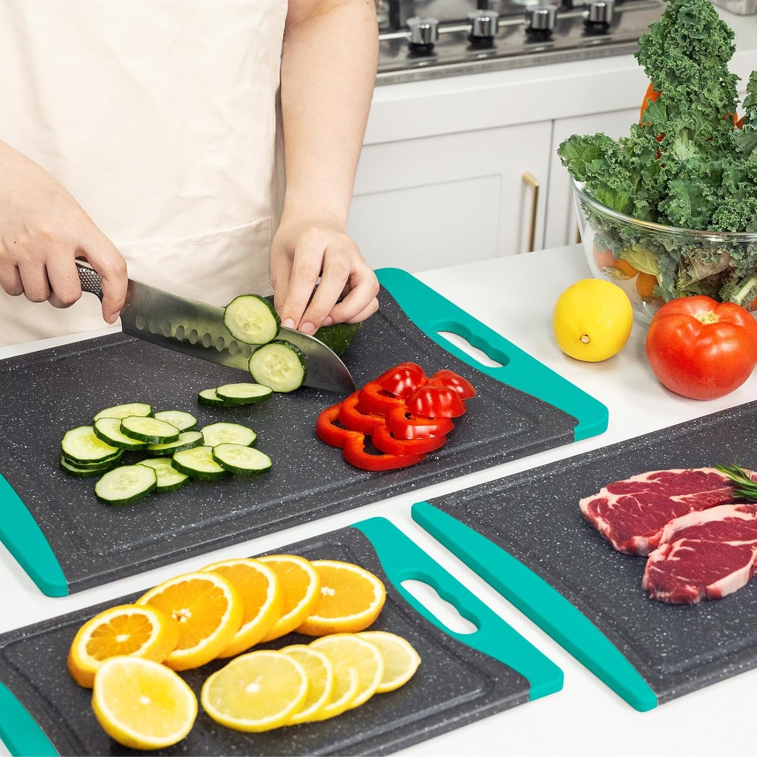 3-Pack Extra Large Plastic Cutting Boards with Juice Grooves & Easy-Grip Handles, Dishwasher Safe, Turquoise