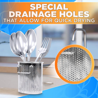 Perforated Stainless Steel Chopstick Holder – Drying Basket for Chopsticks & Utensils Compact Oval Design with Hook for Kitchen Organization Easy Storage and Utensil Drying Sturdy & Dishwasher Safe