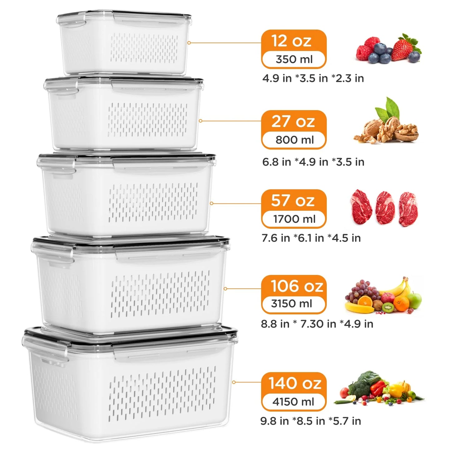 5 Pack Fruit Storage Containers for Fridge with Removable Colanders and Lids, 5 in 1 Leakproof Fridge Organizer Bins for Salad Berry Lettuce Vegetables Meat Keeper Fresh