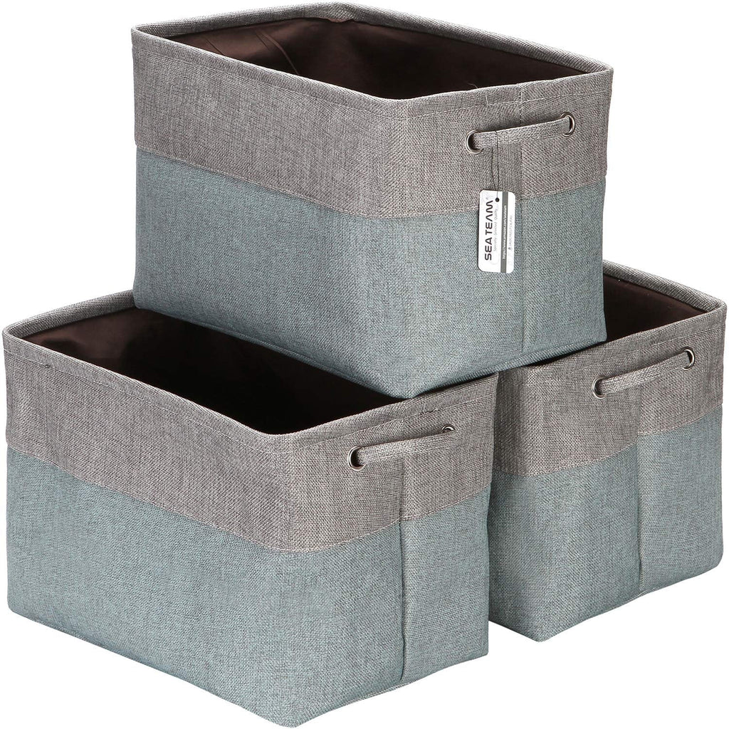 3-Pack Large Storage Basket Set, Trunk Organizer, Clothes Toys Bin, 15 X 10 X 10 Inches, Big Rectangular Canvas Fabric Collapsible Shelf Box with Handles, Stone Blue & Grey