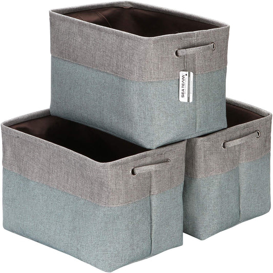 3-Pack Large Storage Basket Set, Trunk Organizer, Clothes Toys Bin, 15 X 10 X 10 Inches, Big Rectangular Canvas Fabric Collapsible Shelf Box with Handles, Stone Blue & Grey