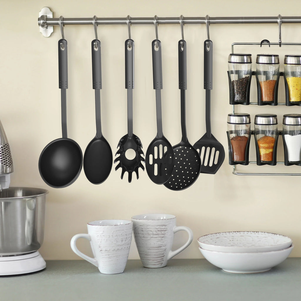 6-Piece Plastic Kitchen Utensil Set – Nonstick-Safe Tools, Black