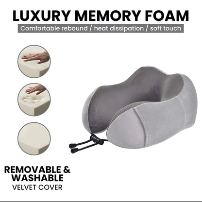 Upgraded Travel Neck Pillow – 100% Memory Foam for Airplane, Flight Headrest & Sleep, Portable 