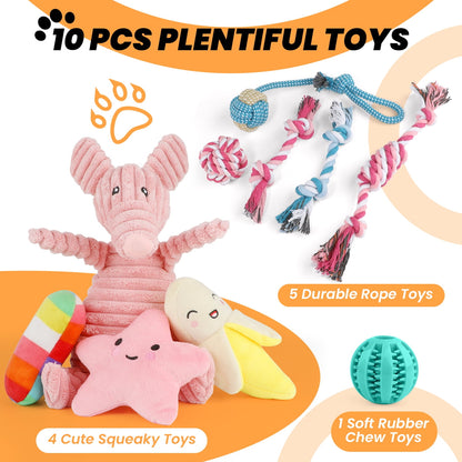 10-Pack Small Dog Puppy Chew Toys – Teething & Training Set with Plush Squeaky Toys, Treat Ball & Rope Toys (Pink Pig)