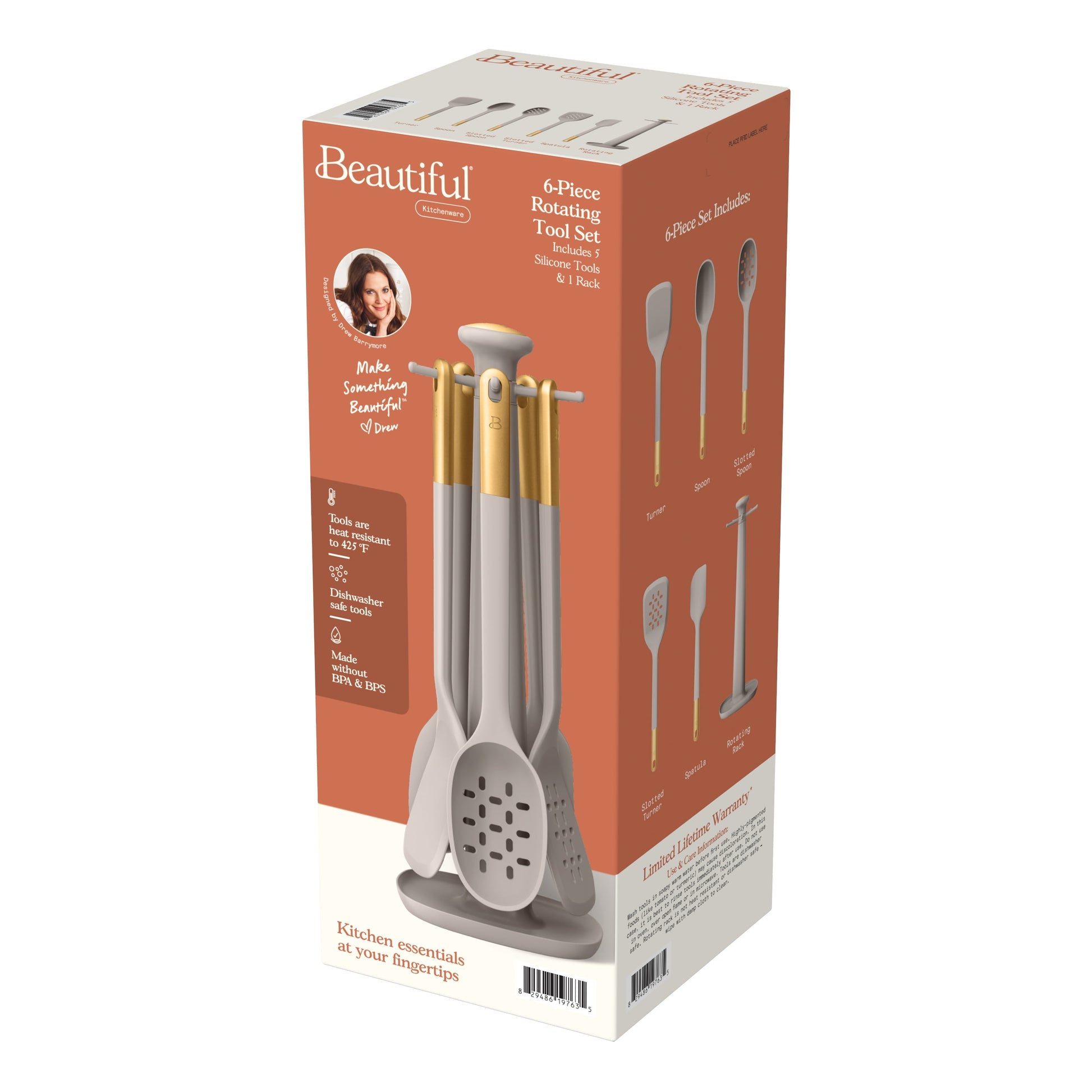 6-Piece Silicone Kitchen Utensil Tool Set with Rotating Rack by Drew Barrymore, Porcini Taupe