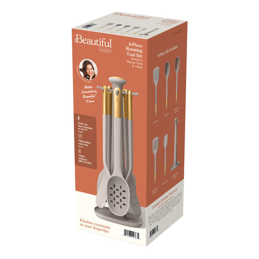 6-Piece Silicone Kitchen Utensil Tool Set with Rotating Rack by Drew Barrymore, Porcini Taupe