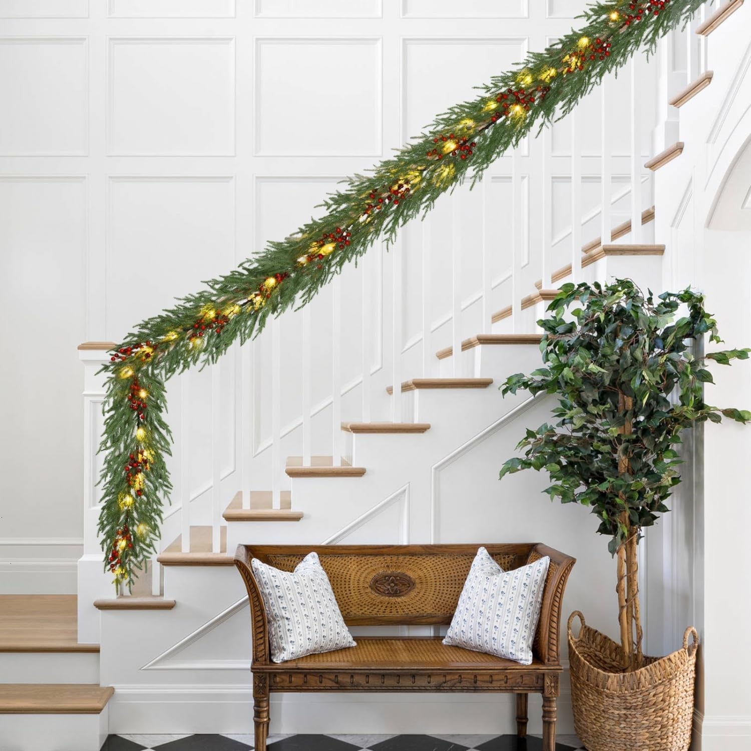 LED Christmas Norfolk Pine Garland Artificial Real Touch Garland for Mantle