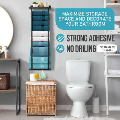 Wall-Mounted Bathroom Towel Rack for Rolled & Folded Towels, Metal Towel Holder, Black