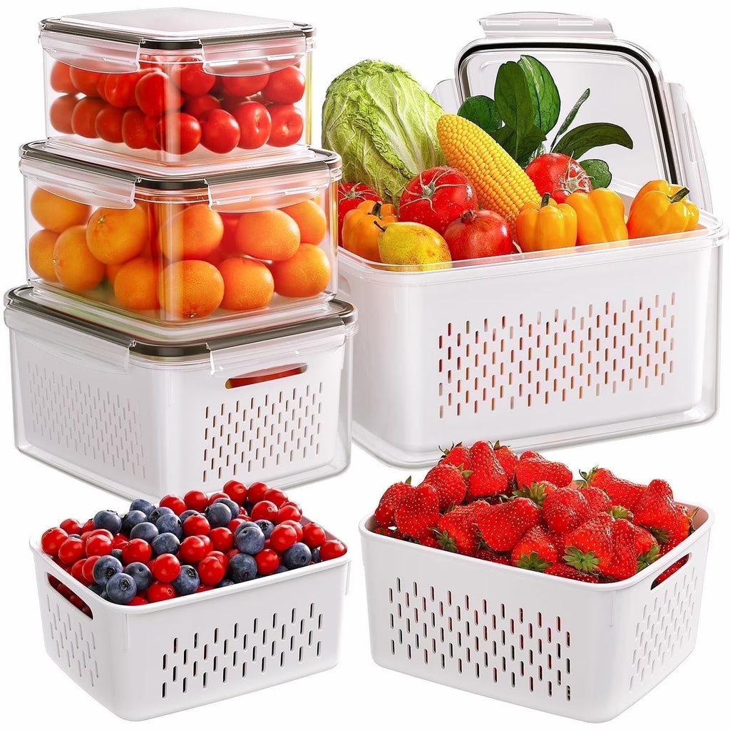 5 Pack Fruit Storage Containers for Fridge with Removable Colanders and Lids, 5 in 1 Leakproof Fridge Organizer Bins for Salad Berry Lettuce Vegetables Meat Keeper Fresh