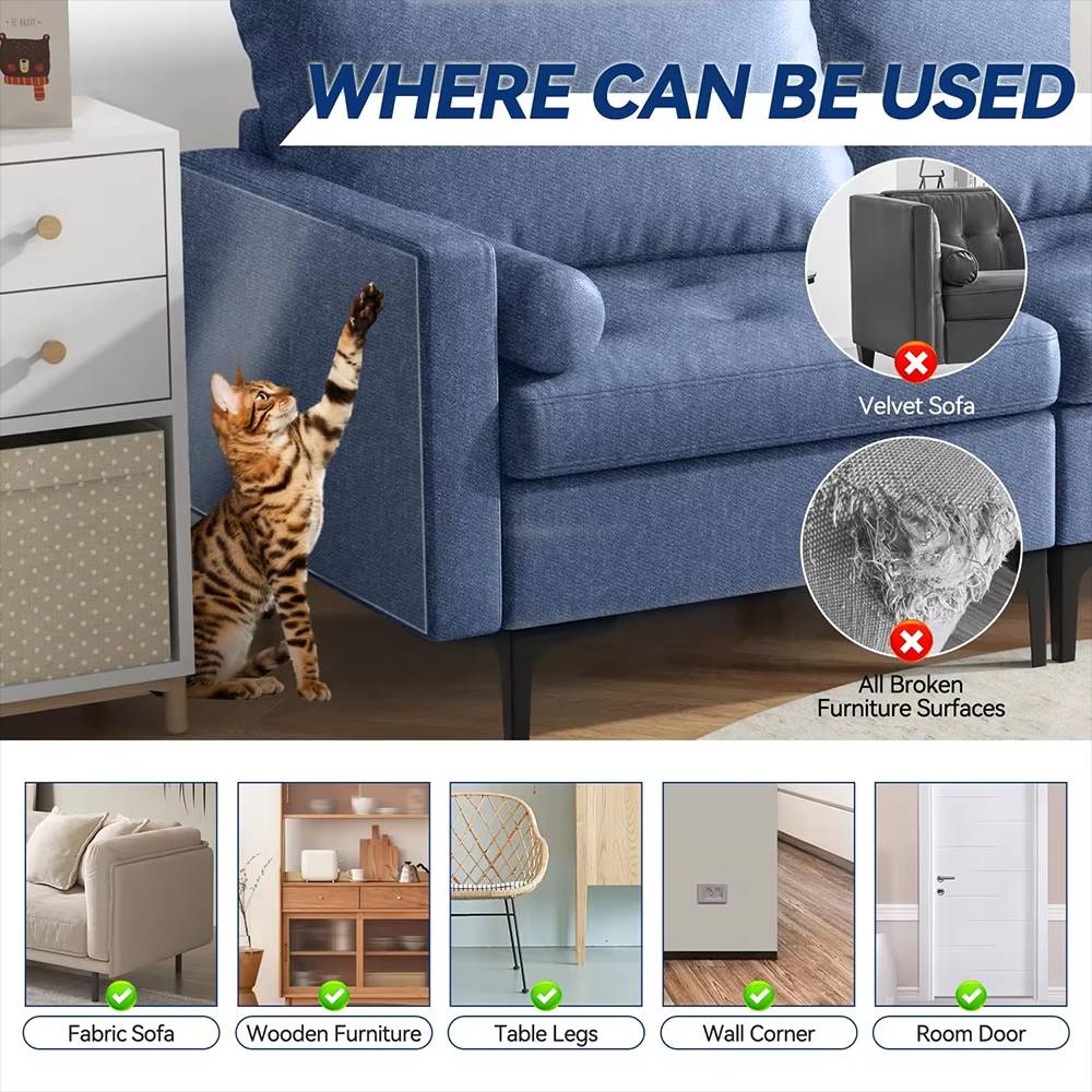 Cat scratch deterrent tape applied to sofa and furniture surfaces