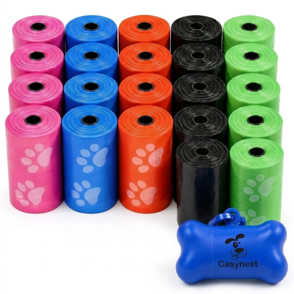 500 count rainbow dog poop bags with paw prints and bone-shaped dispenser