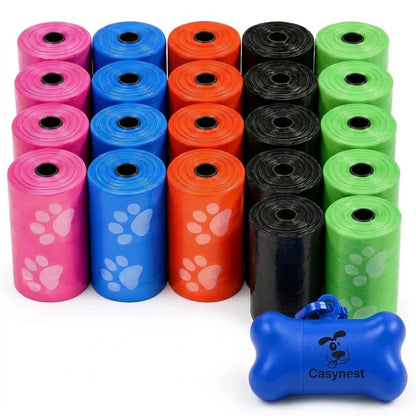 500 count rainbow dog poop bags with paw prints and bone-shaped dispenser