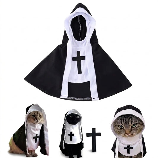 Halloween cat nun costume with black religious-themed outfit